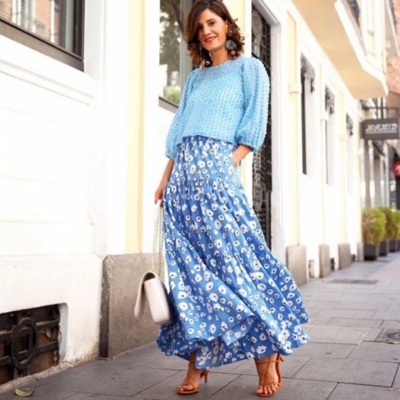 Zara 100% cotton Floral Blue Maxi Skirt sz XS/S nwot, 004 - Picture 4 of 7